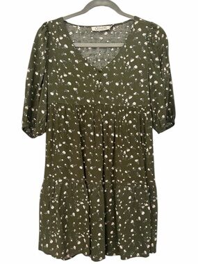 Propaganda Floral Ditsy Tiered Babydoll Mini Dress Puff Sleeve Olive S XXS